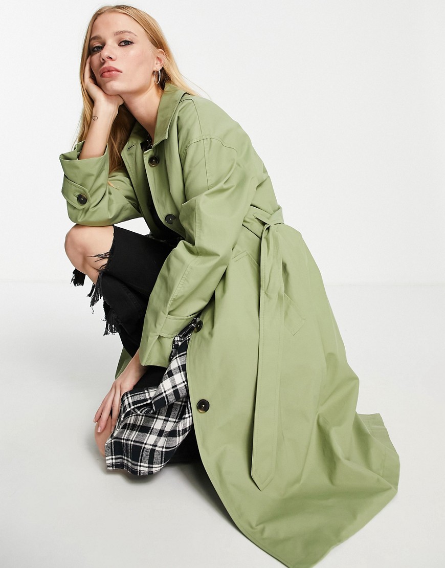Bershka smart trench coat in khaki-Green