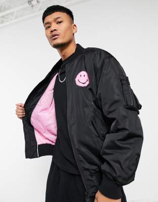 Bershka Smiley Bomber Jacket In Black In Black