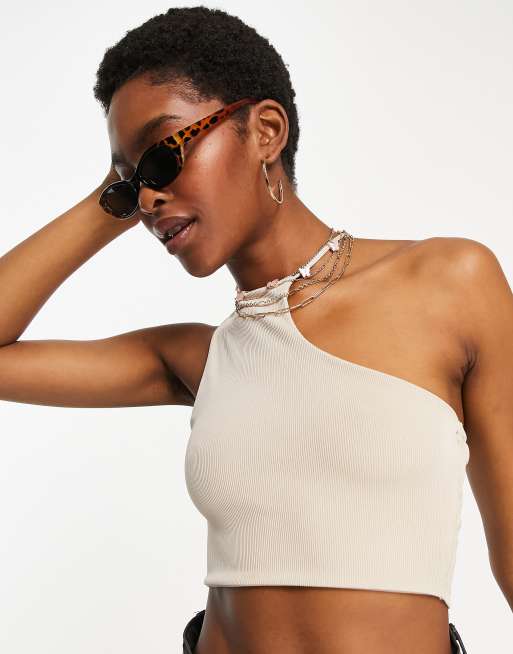 Bershka - Sømløs, asymmetrisk croptop i 90'er-stil i beige