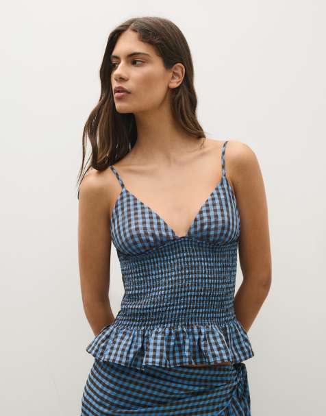 Bershka Smocked strap top in denim blue - view 1