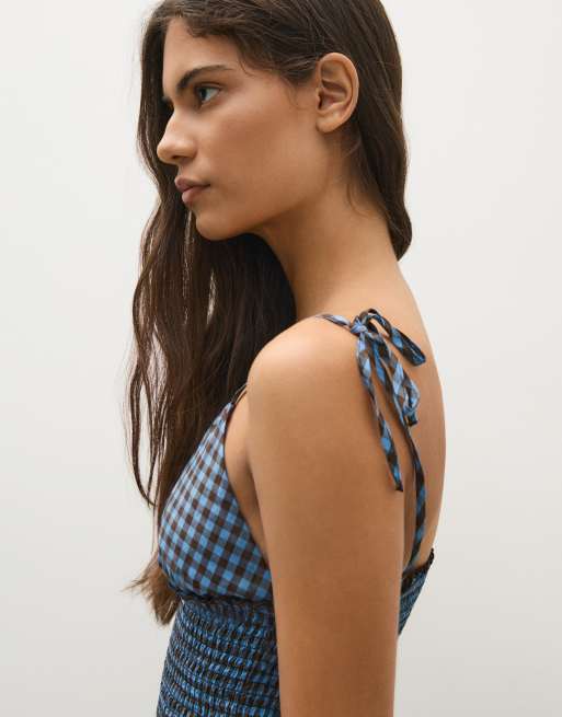 Bershka Smocked strap top in denim blue, 2 of 5