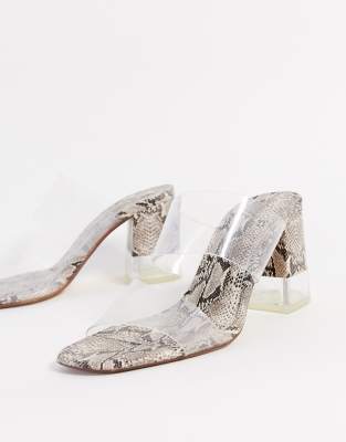 snake print heeled mules