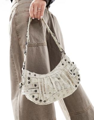 Bershka snakeskin look shoulder bag with stud detail in grey