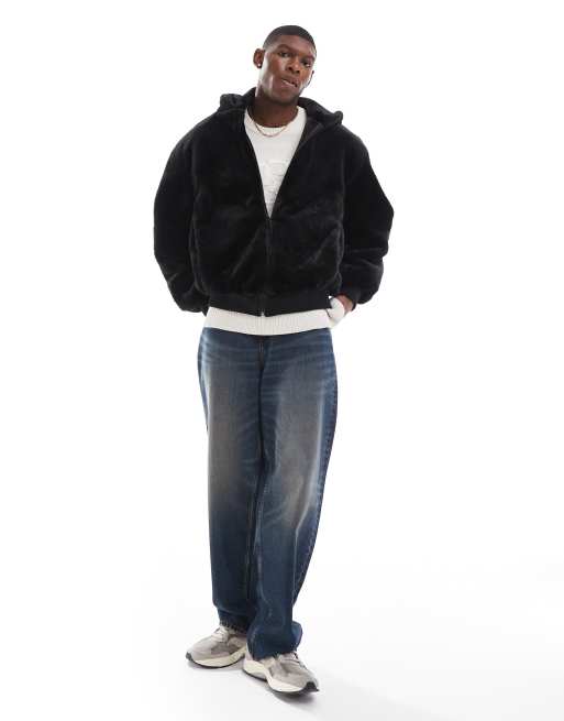 Bershka soft faux fur jacket with hood in black | ASOS