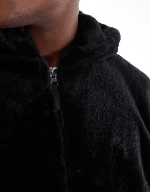 Bershka soft faux fur jacket with hood in black | ASOS
