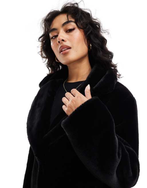 Bershka soft faux fur longline coat in black