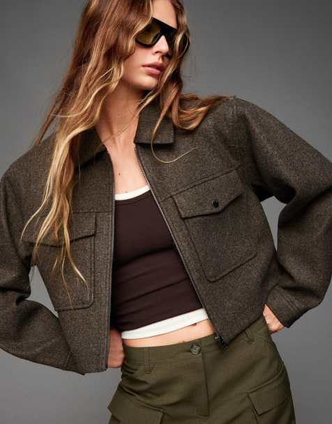 Bershka Soft felt texture jacket in brown