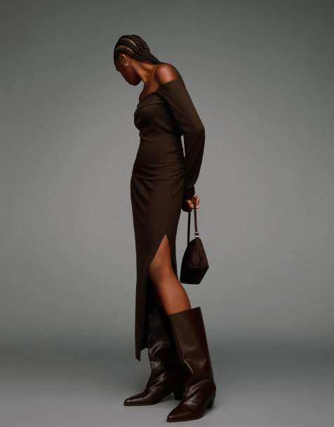 Bershka Soft knit midi skirt in brown