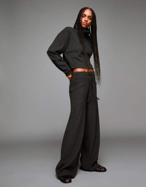 Bershka Soft ribbed wide-leg trousers in grey