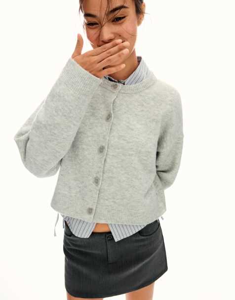 Bershka Soft touch buttoned cardigan in grey