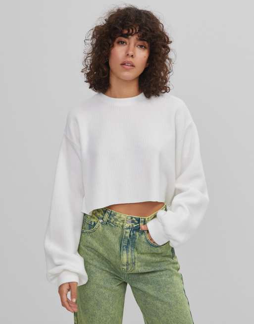 Bershka soft touch ribbed cropped sweat jumper in cream | ASOS