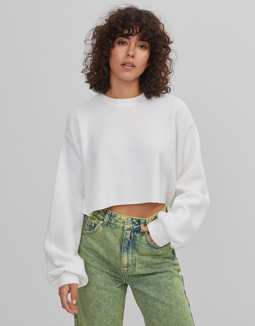 Bershka soft touch ribbed cropped sweater in cream-White