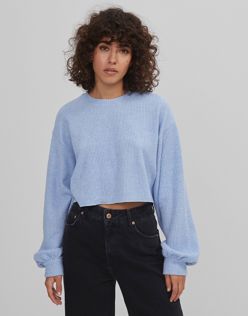 Bershka soft touch ribbed cropped sweater in light blue-Blues