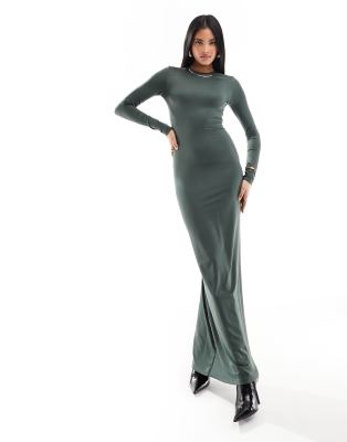 Bershka Soft Touch Shaping Long Sleeve Maxi Dress In Khaki-green