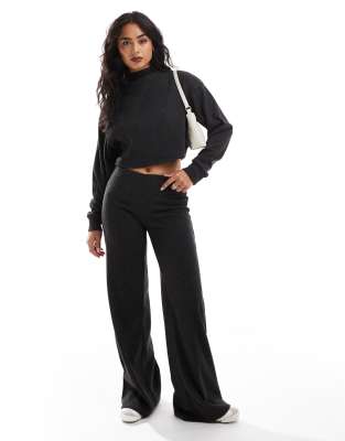Bershka Bershka soft touch wide leg trousers co-ord in dark grey-Black