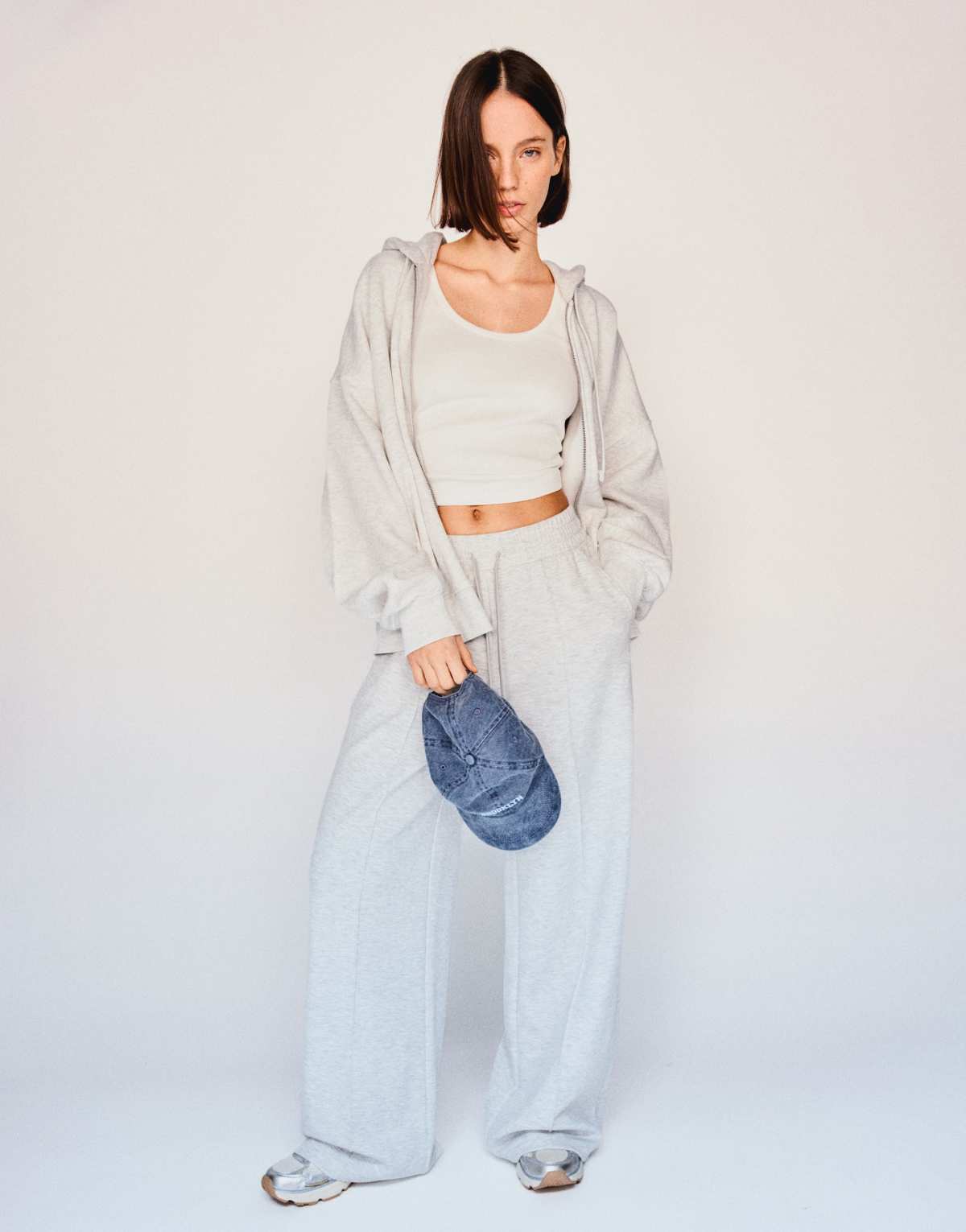 Bershka Soft touch wide-leg trousers in light grey