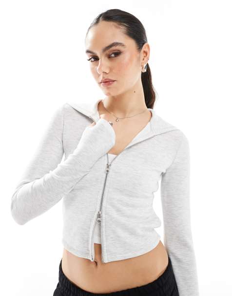 Bershka soft touch zip-up hoodie in light gray - view 1