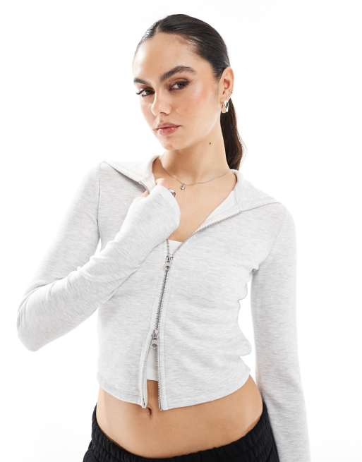 Bershka soft touch zip-up hoodie in light gray