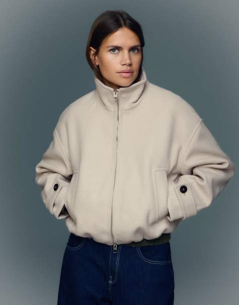 Bershka Soft touch zip-up jacket in beige - view 1