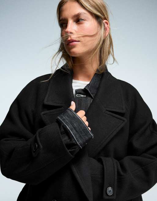 Bershka Soft trench coat with belt in black