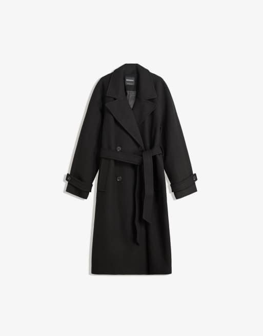Bershka Soft trench coat with belt in black
