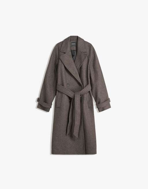 Bershka Soft trench coat with belt in brown