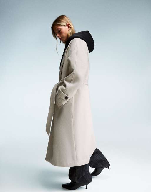 Bershka Soft trench coat with belt in stone