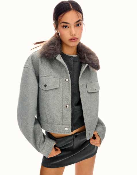 Bershka Soft trucker jacket with faux fur collar in grey - view 1