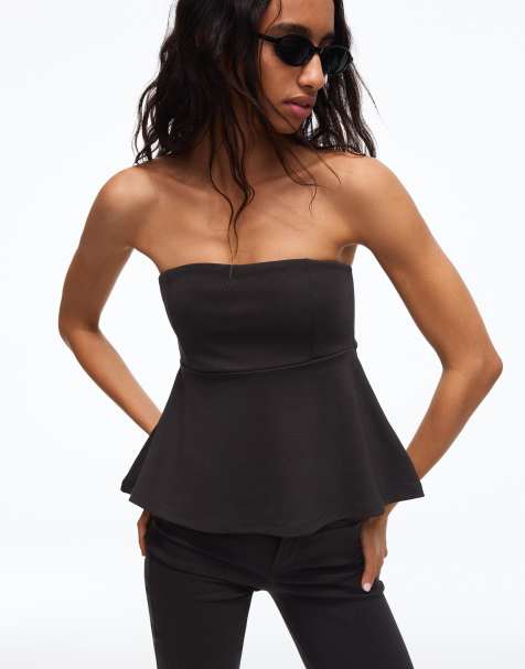Bershka - Sort bandeau-overdel med peplum-kant - view 1