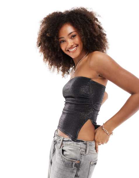 Bershka - Sort bandeau-top med glimmer og rynkede sider - view 1
