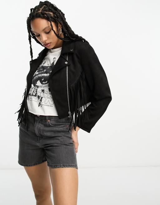 Bershka - Sort bikerjakke med frynsedetaljer i imiteret ruskind