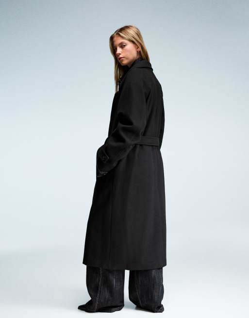 Bershka - Sort blød trenchcoat med bælte, 3 af 4
