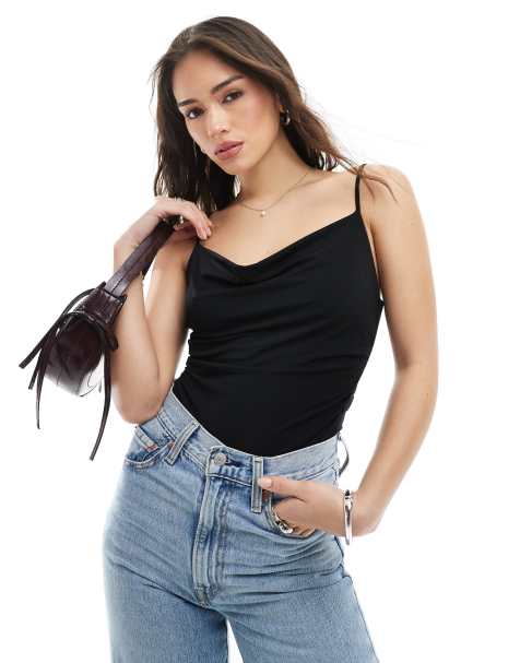 Bershka - Sort bodystocking med vandfaldsudskæring - view 1
