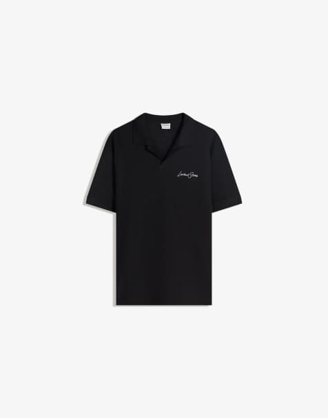 Bershka - Sort broderet poloskjorte med korte ærmer og struktur - view 1