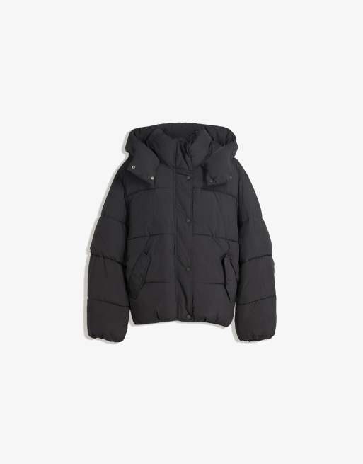 Bershka Puffer jacket with hood in black