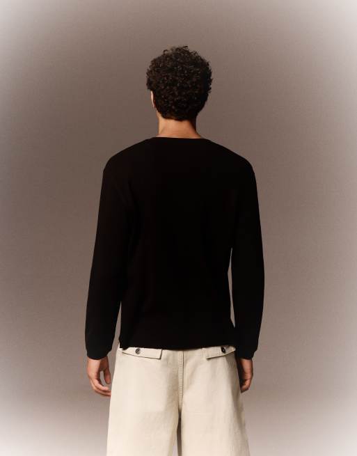 Bershka - Sort henley-T-shirt med lange ærmer i slim fit, 2 af 4