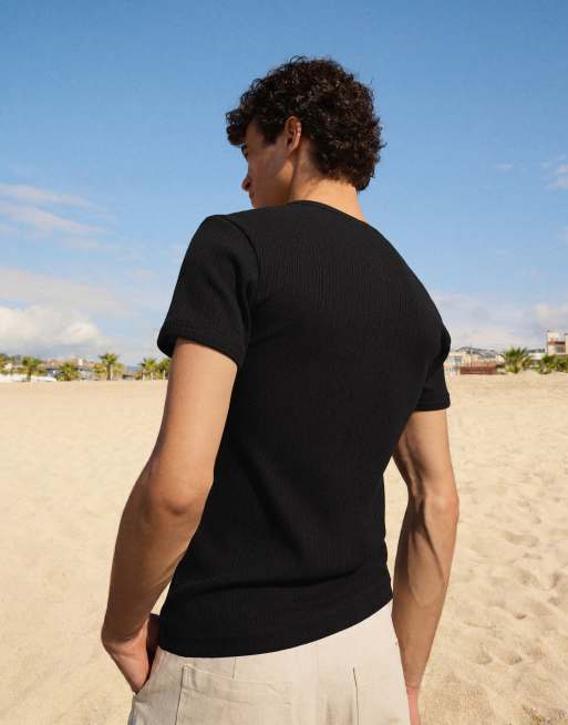 Bershka - Sort henley-T-shirt med tekstur, 3 af 6
