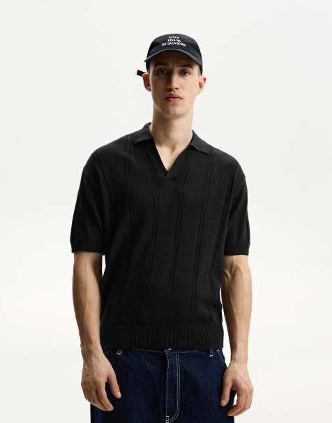 Bershka - Sort kortærmet polo med tekstur - view 1
