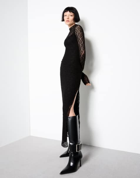 Bershka - Sort langærmet midikjole i blondestof - view 1