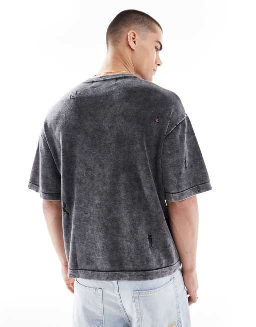 Bershka - Sort og forvasket T-shirt i strik, 4 af 4