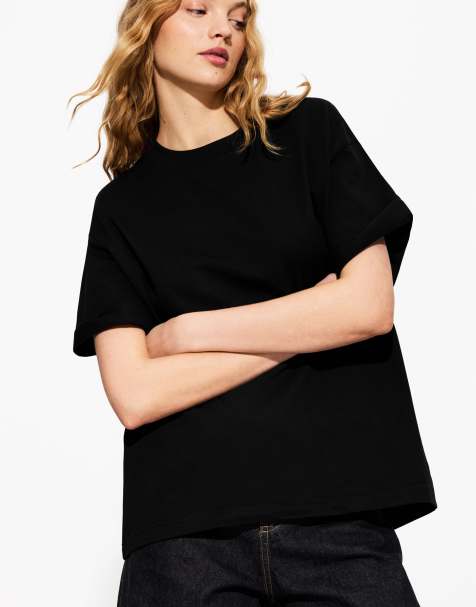 Bershka - Sort oversized kortærmet T-shirt i kraftig bomuld - view 1