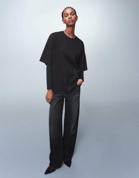 Bershka - Sort oversized T-shirt med korte ærmer og glimmer - view 1