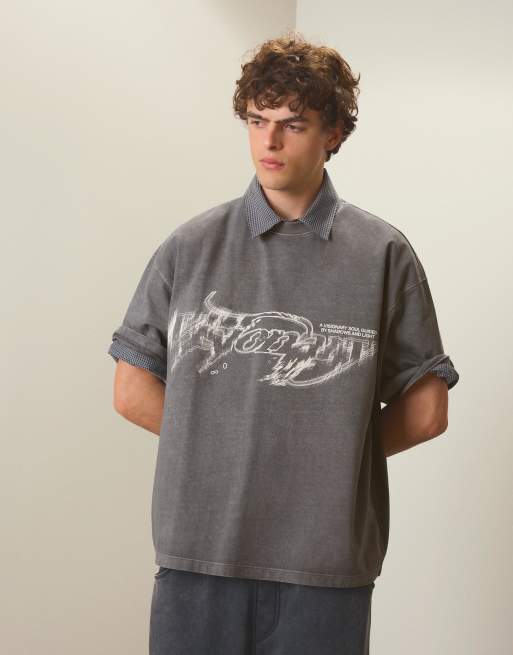 Bershka - Sort oversized T-shirt med print i firkantet pasform