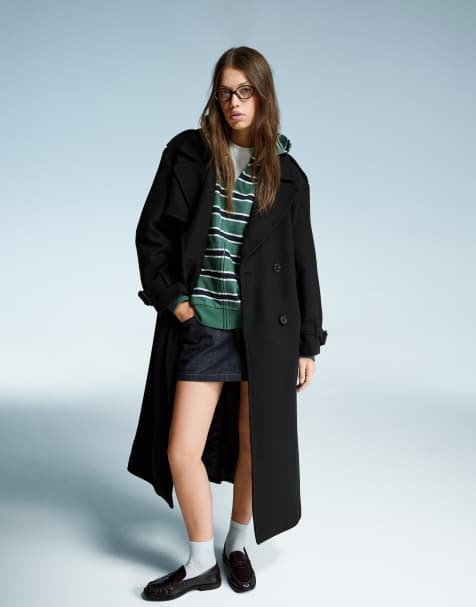 Bershka - Sort oversized trenchcoat med filttekstur - view 1