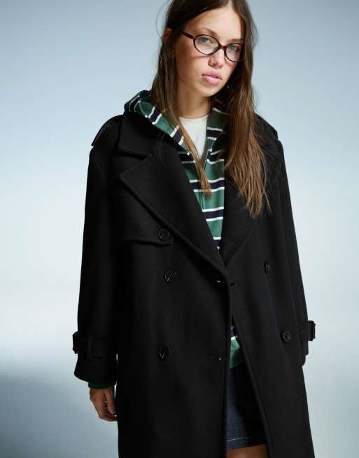Bershka - Sort oversized trenchcoat med filttekstur, 2 af 4