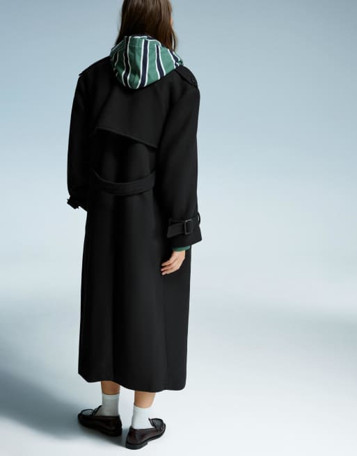 Bershka - Sort oversized trenchcoat med filttekstur, 4 af 4