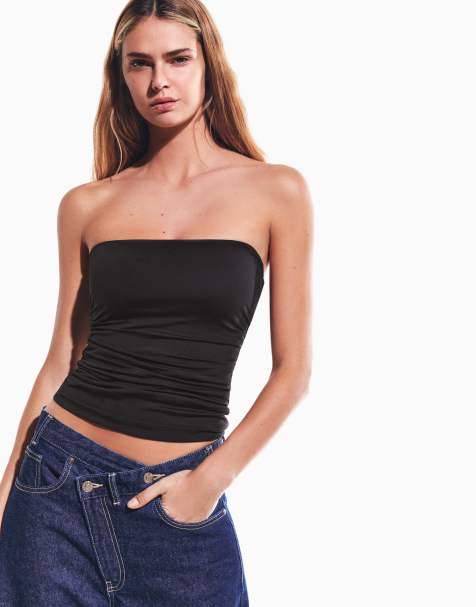 Bershka - Sort rynket bandeau-overdel - view 1
