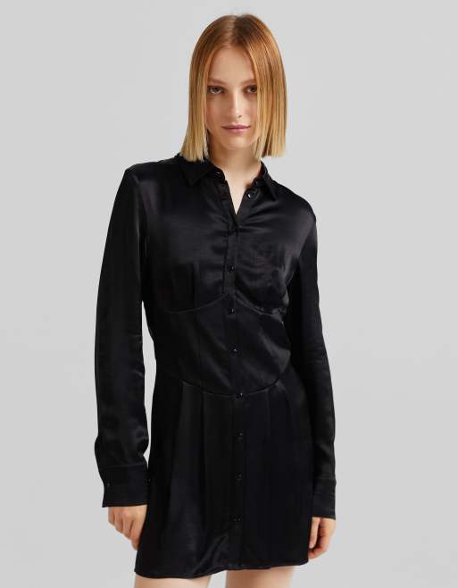 Bershka - Sort skjortekjole i satin med korsetdetalje
