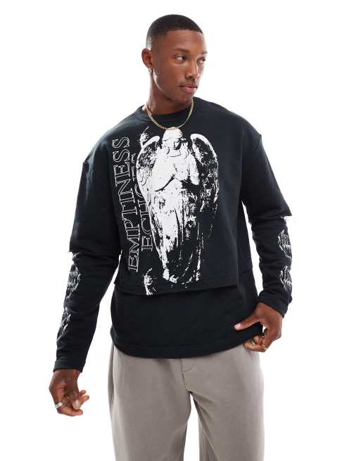 Bershka - Sort sweatshirt med dobbeltlag og engleprint