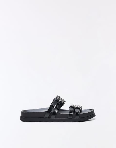 Bershka - Sorte flade badesandaler med dobbelte spænder - view 1